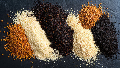 Assorted lentils, black rice, and quinoa grains arranged on dark stone background