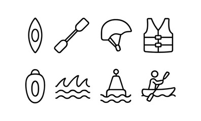 Kayaking icons set: paddle, helmet, life jacket, waves, and safety symbols