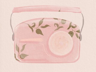 watercolor radio vintage illustration pink isolated green leaves