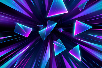 Abstract geometric triangles with neon glow and streaking light trails in purple and blue