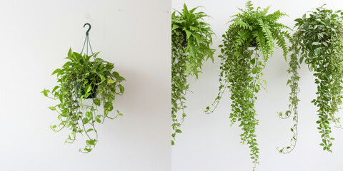 Fototapeta premium Hanging Plants Greenery White Background - Lush green hanging plants, vibrant foliage, cascading vines, natural beauty, home decor. Symbolizing growth, nature, tranquility, life, and freshness