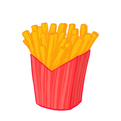 Hand-drawn illustration of golden crispy French fries served in a red cardboard box. Popular fast food snack