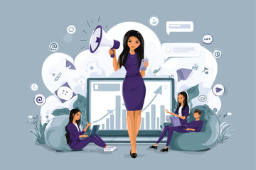 Businesswoman speaking into megaphone with team working in front of laptop