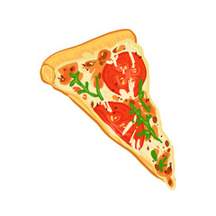 Tasty slice of pizza with melted cheese, tomato slices, and fresh green herbs. Hand-drawn colorful fast food illustration