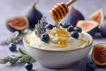 fresh bowl of yogurt with blueberries figs honey and lavender on a light purple background close up of healthy creamy breakfast with natural ingredients and vibrant colors