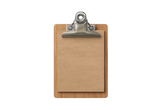 PNG Empty wooden clipboard with brown paper attached to metal clip