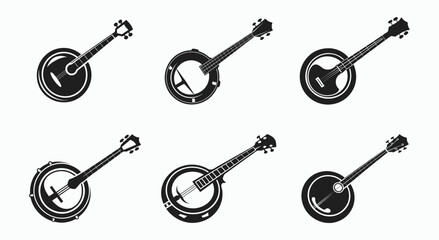 Banjo silhouette drawing set, banjo line art silhouette vector illustration 
