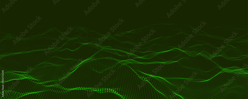Poster abstract stylized digital landscape with various geometric patterns, flowing lines and fluid iridesc