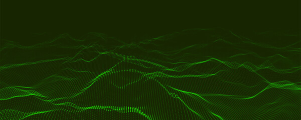 Abstract stylized digital landscape with various geometric patterns, flowing lines and fluid iridescent waves on a dark background. Vector illustration.