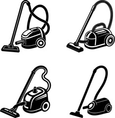Four different black and white vacuum cleaner silhouettes for cleaning illustration