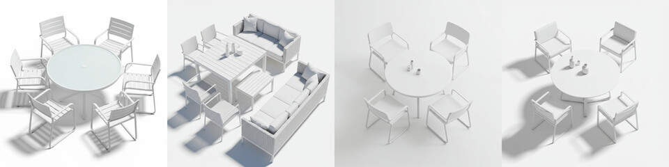 Modern Outdoor Furniture Set - Stylish white outdoor furniture set, including tables and chairs, perfect for relaxing and entertaining