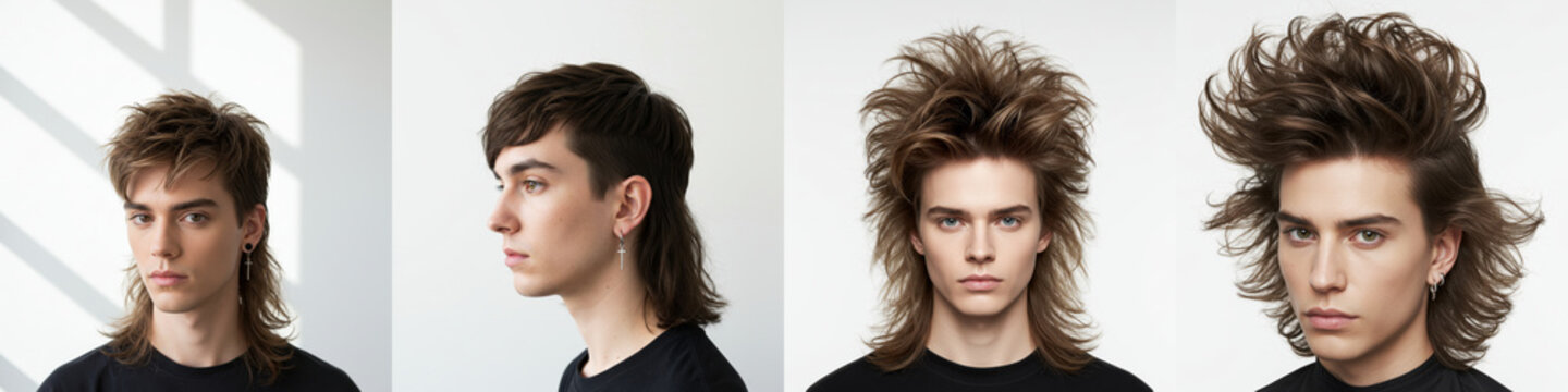 Modern Mullet Hairstyles for Men - Five diverse mullet variations showcase contemporary men's hair trends, blending classic and modern styles for a unique look.