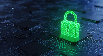 Glowing green lock on circuit board technology