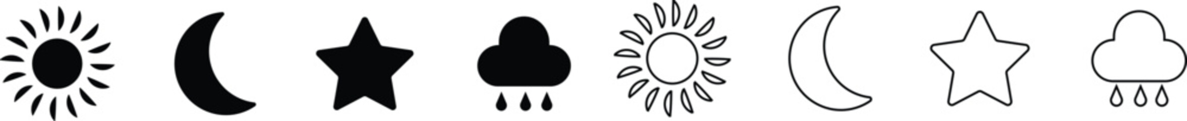 Sun, moon, cloud and star icon set isolated on transparent background. Moon sleeping, sunshine, starshine and rainy cloud. Atmosphere vector illustration. Weather symbols collection for web and app.