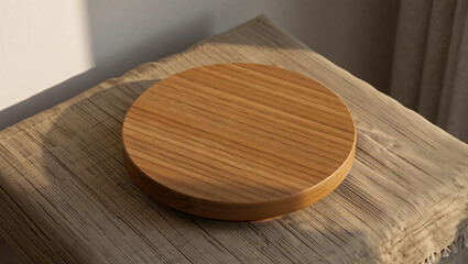 Natural bamboo round serving platter resting on a textured neutral fabric surface