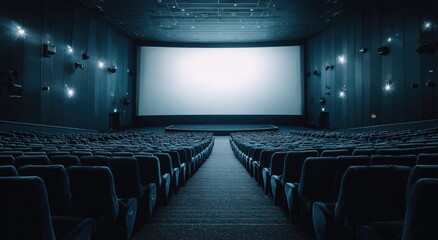 Empty movie theater.  Dark, spacious