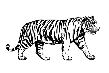 Black and white illustration of a tiger.