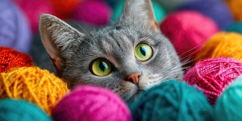 Gray Cat with Green Eyes and Yarn Balls