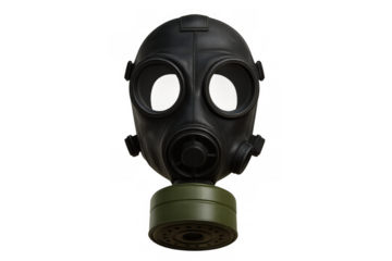 Black military-grade gas mask with lime-green filter, protecting against toxic environments and potential chemical threats