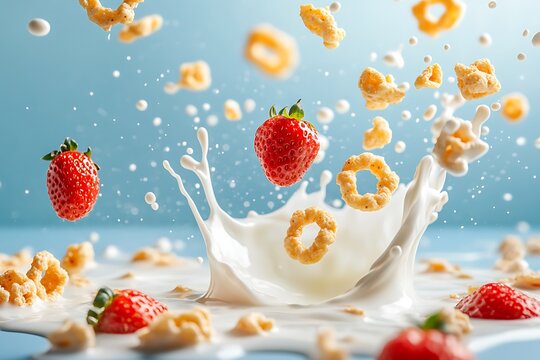 Floating breakfast setup with cereal loops, milk splashes, and strawberries caught mid-air 
