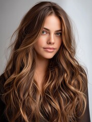 Studio portrait of a woman with long chestnut wavy hair and glowing halo effect