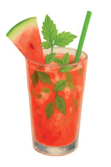  Watercolor vector illustration of Watermelon Mojito cocktail. Isolated on white background.