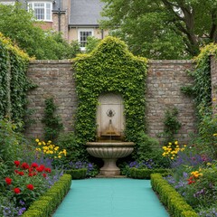 Charming garden with a stone fountain surrounded by colorful flowers  