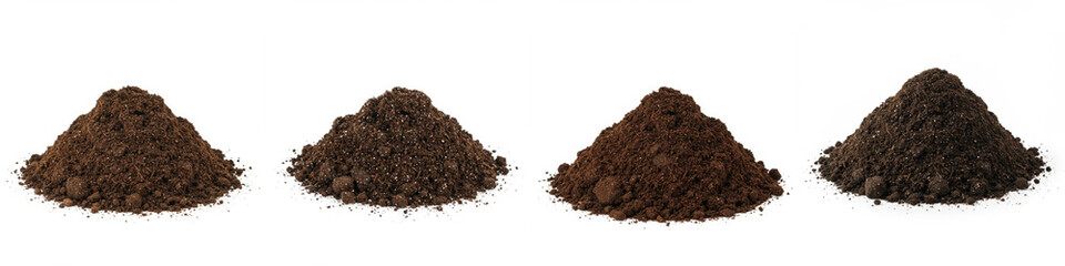 Soil Samples On White Background - Four piles of soil, showcasing variations in texture and color, symbolize growth, nature, agriculture, earth, and environment