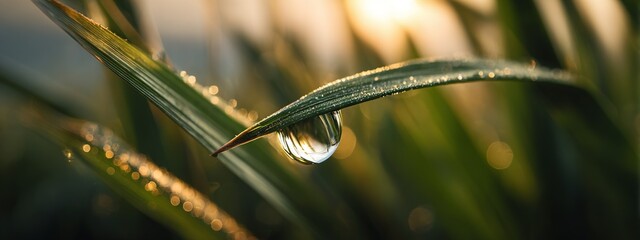 A green grass blade holds a sunlit droplet