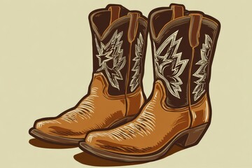 Detailed illustration of a pair of brown leather cowboy boots.