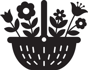 Simple black silhouette of a basket overflowing with stylized flowers and leaves
