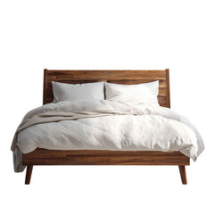 Cozy wooden bed with white bedding on transparent background