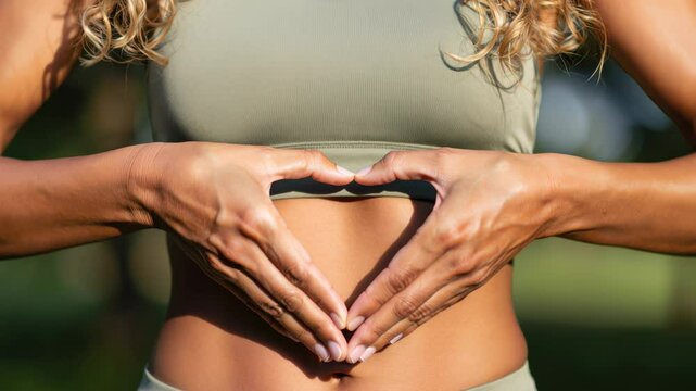 Woman forming heart shape on stomach symbolizing gut health and digestive wellness.