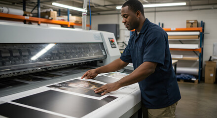 African american man working in a print shop operating a printer