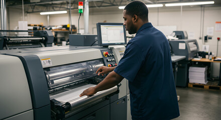 African american working in a print shop operating a printer
