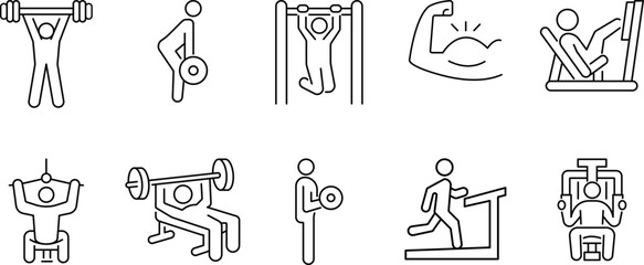 Set of icons for gym strength, fitness machines, bodybuilding, weightlifting, heavy training, exercise equipment, muscle training, bicep, running, customizable stroke, vector, illustration