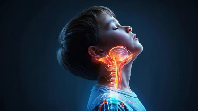 Anatomy of the breathing process. Child breathing with highlighted trachea and lungs in medical visualization.
