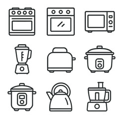 Cooking Appliance Icons. Outline icon set of cooking appliances: stove, oven, microwave, blender, toaster,