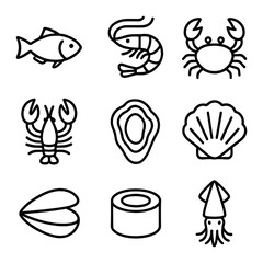 Seafood Icon Set. Outline icon set of seafood: fish, shrimp, crab, lobster, oyster, scallop, mussel, sushi
