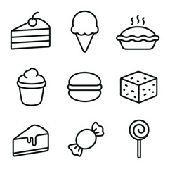 Dessert Icons Grid. Outline icon set of desserts: cake slice, ice cream scoop, pie, pudding cup, macaron,