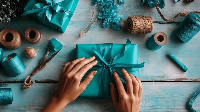 Present wrapping celebration with turquoise paper and craft supplies on a rustic wooden surface - Powered by Adobe