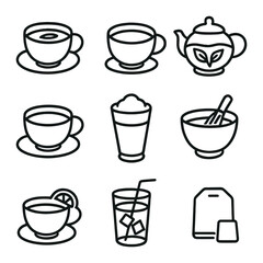 Obraz premium Tea Variety Icons. Outline icon set of tea varieties: green tea cup, black tea cup, herbal tea teapot, oolong