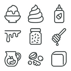Sweet Toppings Icons. Outline icon set of sweet toppings: ice cream topping, whipped cream, chocolate syrup