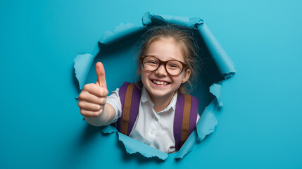 Excited Schoolgirl Giving Thumbs Up from Torn Paper (Back to School)