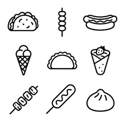 Street Food Icons. Outline icon set of street foods: taco, kebab, hot dog, waffle cone, empanada, crepe, satay