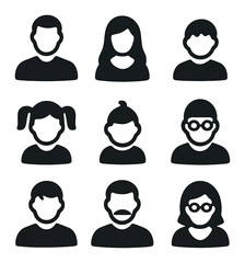 Family Icons Grid. olid, filled icons set of family members: father, mother, son, daughter, baby, grandparents