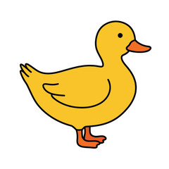 A cute cartoon yellow baby duckling toy with a funny beak is isolated on water for bath time fun