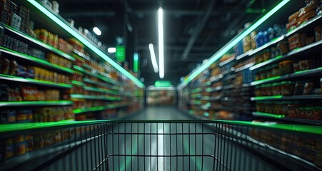 Fototapeta premium Grocery store aisle with shopping cart in the foreground