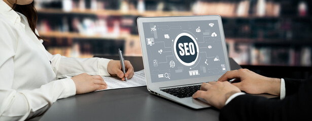 SEO search engine optimization for brisk e-commerce and online retail business showing on computer...