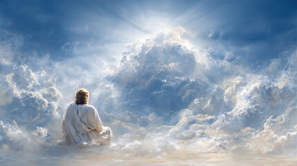 Obraz premium Jesus is sitting on the clouds and looking from heaven with a holy light shining behind him
